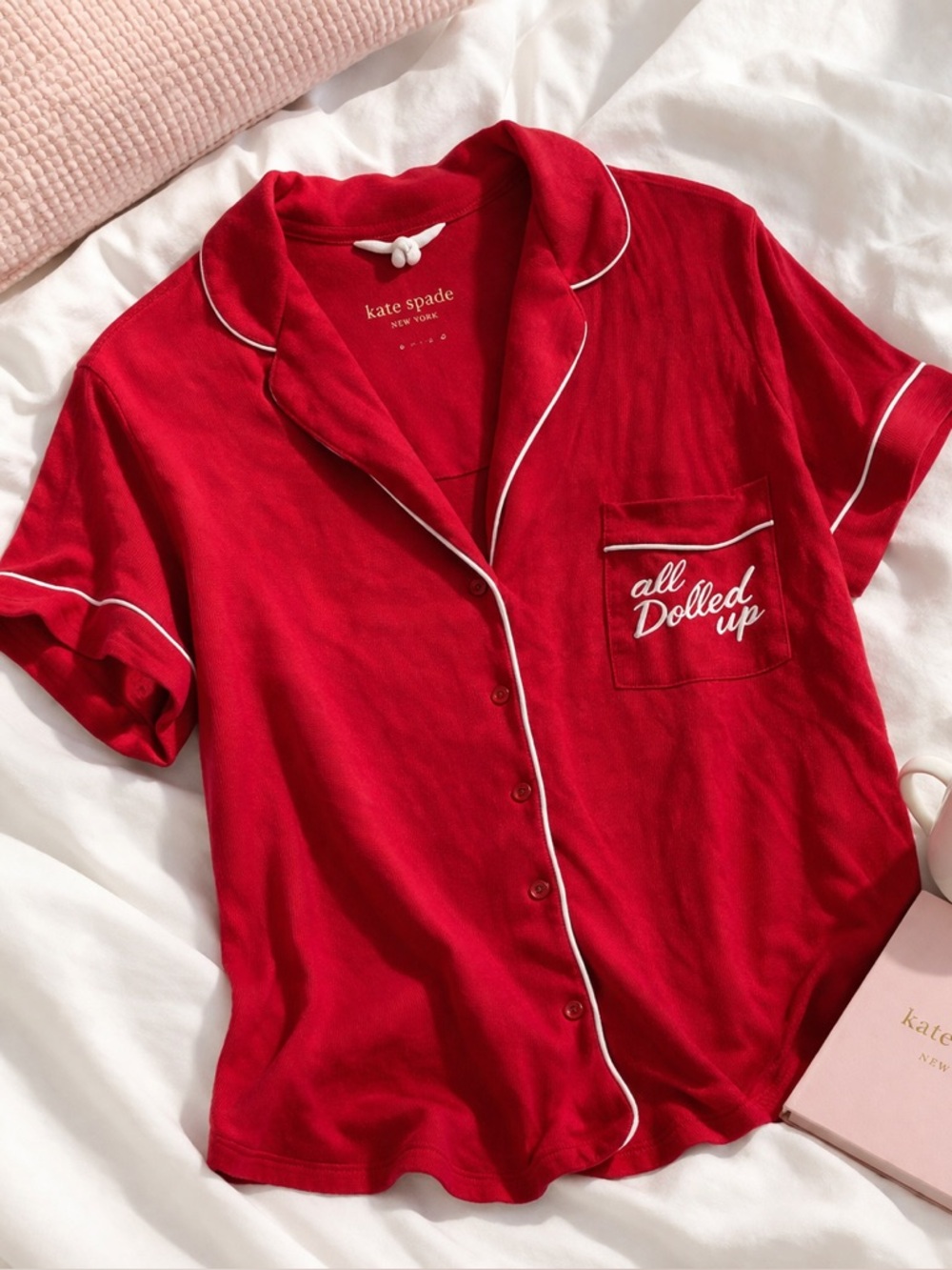Kate Spade Red Pajama Top “All Dolled Up” Button Front Size Large